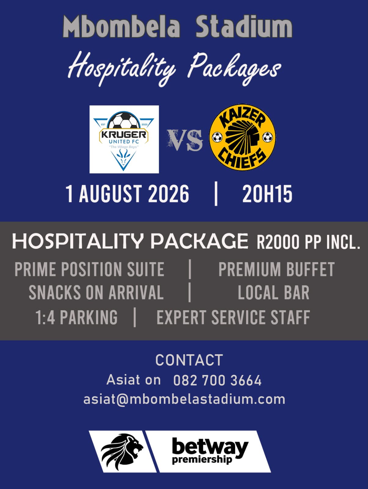 Kruger United vs Kaizer Chiefs Hospitality Ticket Sales